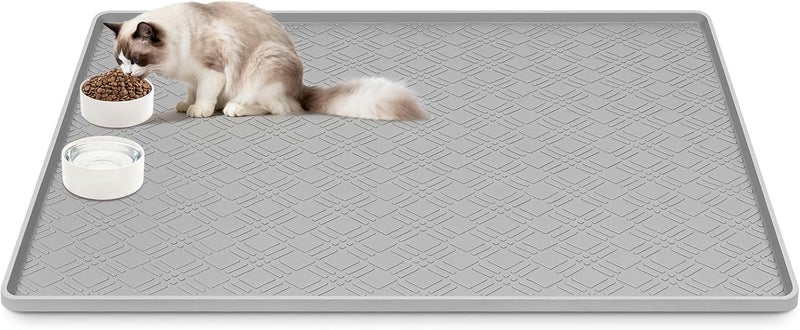 Lanstics Cat Food Mat, 42" x 29" Large Silicone Mat Cat Feeding Mat with Raised Edge Non-Slip Pet Feeding Mat for Food and Water Bowl, Easy to Clean, Floor Protection (Light Gray) - Image 1
